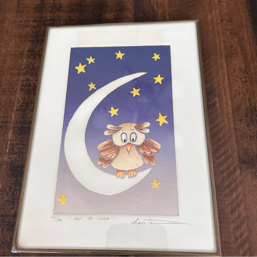 Owl Painting ‘EN LA LUNA’ In Metal Casing Frame -7” X 5” Signed—Numbered 161/300